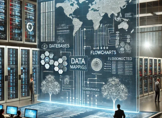 DALL·E 2025-02-20 11.55.53 - A conceptual visualization of organizational data mapping and databases. The image features a high-tech office environment with a large digital screen