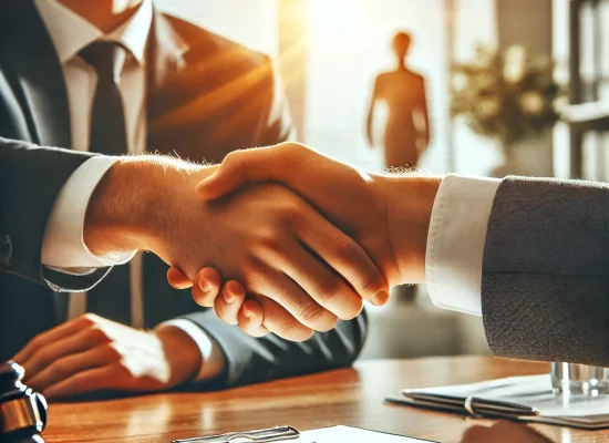 DALL·E 2025-02-24 15.46.02 - A handshake between two individuals symbolizing a successful agreement after mediation. The setting is a professional office or conference room with a