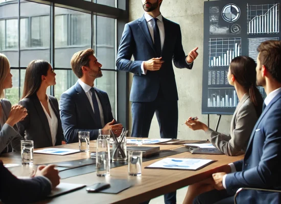 DALL·E 2025-02-25 10.20.35 - A professional office setting with a business manager leading a meeting. The manager, a confident-looking individual in a suit, stands at the head of