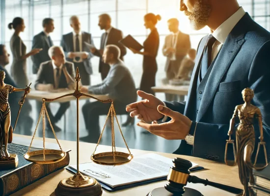 DALL·E 2025-02-25 10.37.34 - A realistic depiction of labor law. The image features a professional setting where a legal advisor is explaining workplace rights to employees. A bal